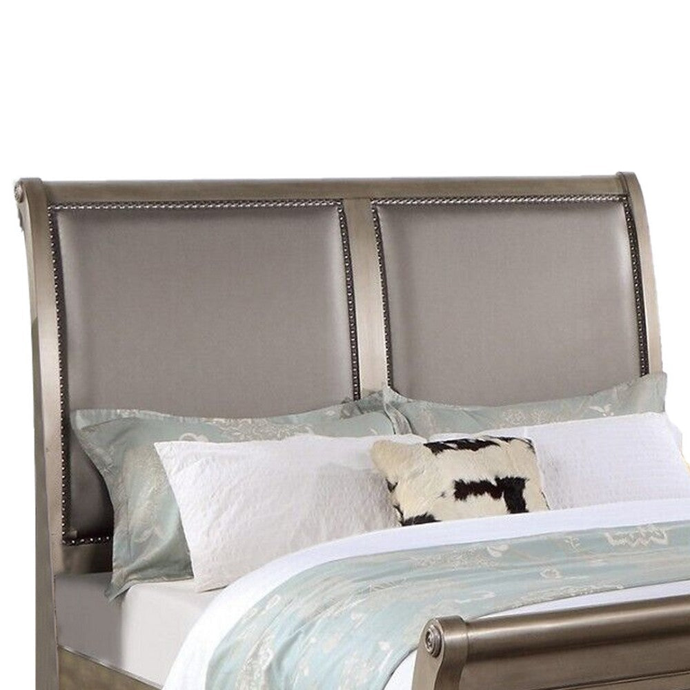Ella Modern King Size Bed Faux Leather Upholstery Nailhead Trim Gold BM301338