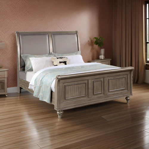 Ella Modern Queen Size Bed, Faux Leather Upholstery, Nailhead Trim, Gold By Casagear Home