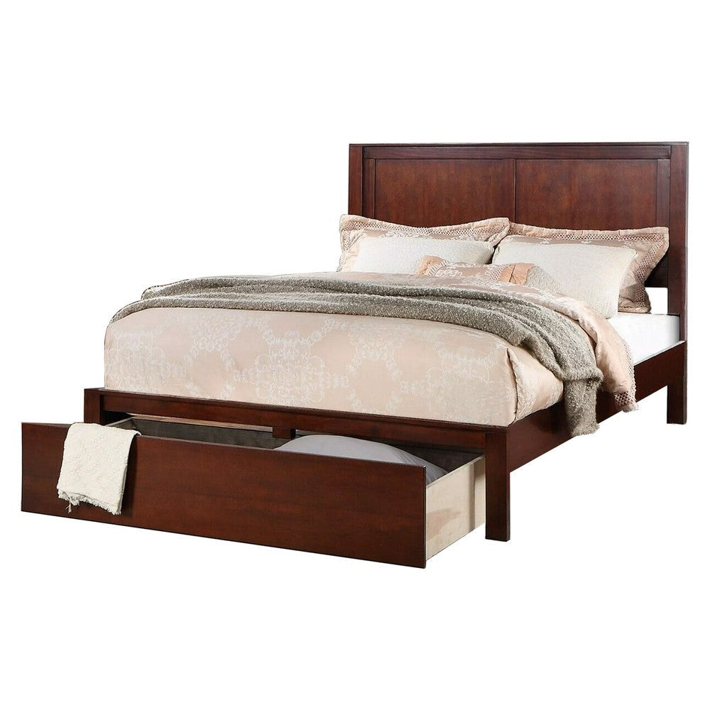 Kali Platform California King Panel Bed, Storage Drawer, Cherry Brown Wood By Casagear Home