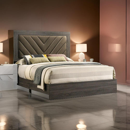 Cato California King Bed, Upholstered Headboard, Dark Gray By Casagear Home