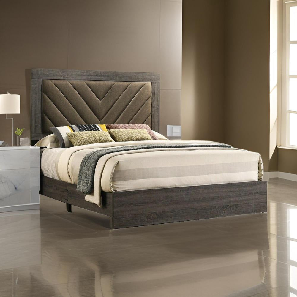 Cato Queen Size Bed, Upholstered Brown Headboard, Gray By Casagear Home