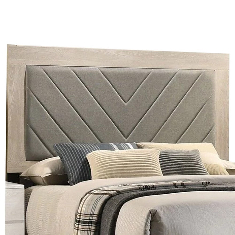 Cato Upholstered King Size Bed Chevron Tufted Gray Headboard Cream Finish BM301358