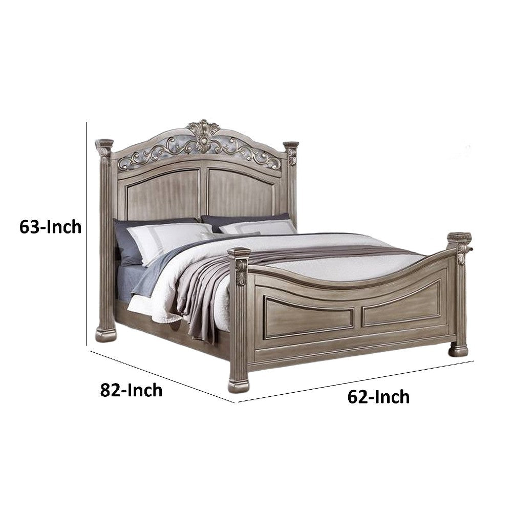 Aza Traditional Wood Queen Size Bed Leaf Carvings Champagne Gold Finish By Casagear Home