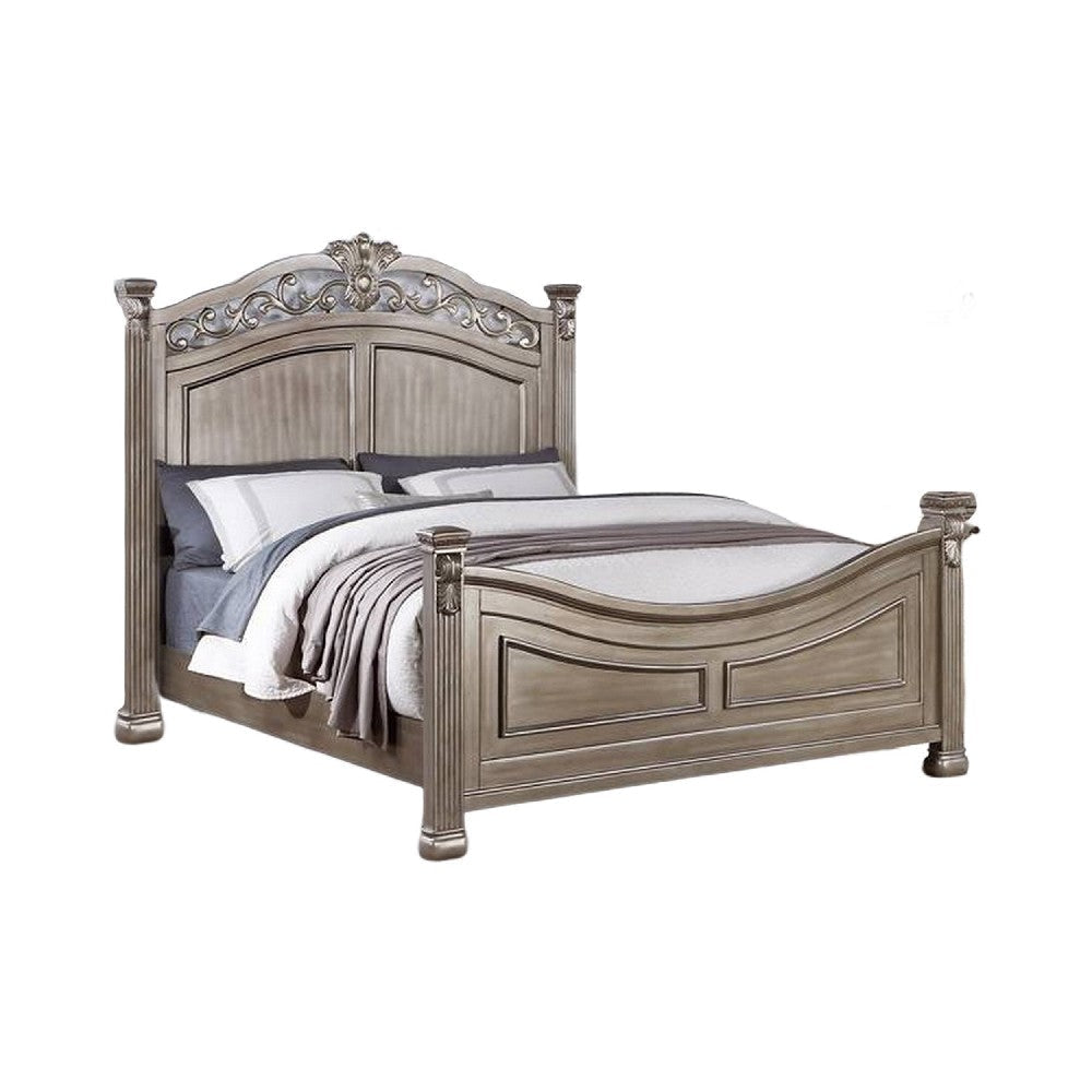 Aza Traditional Wood Queen Size Bed Leaf Carvings Champagne Gold Finish By Casagear Home