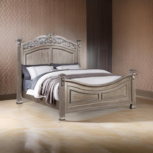 Aza Traditional Wood Queen Size Bed, Leaf Carvings, Champagne Gold Finish By Casagear Home