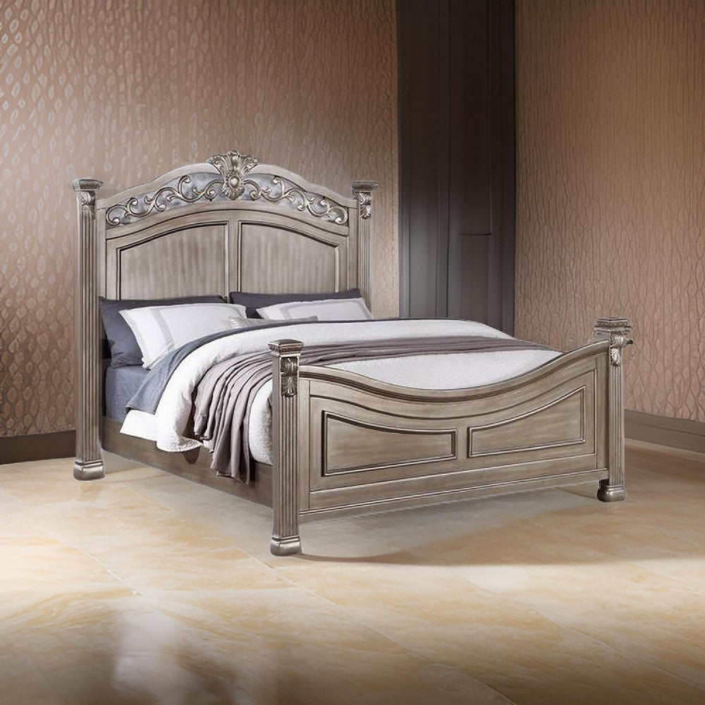 Aza Traditional Wood Queen Size Bed, Leaf Carvings, Champagne Gold Finish By Casagear Home