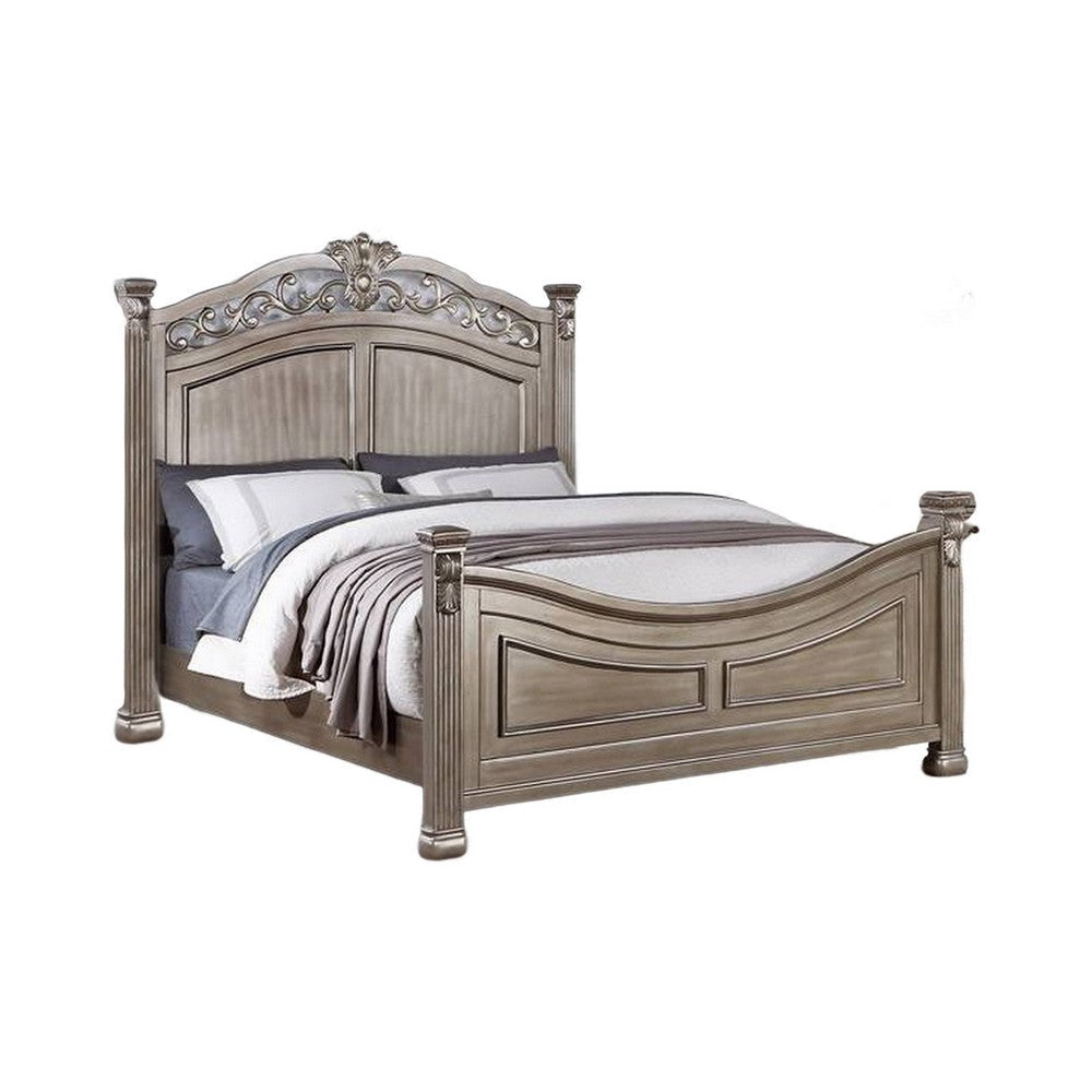 Aza Traditional Wood Queen Size Bed, Leaf Carvings, Champagne Gold Finish By Casagear Home