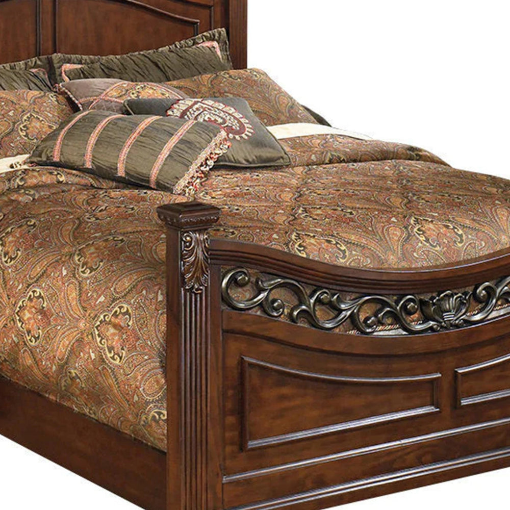 Aza Traditional Wood California King Bed Leaf Carvings Rich Cherry Brown By Casagear Home BM301366