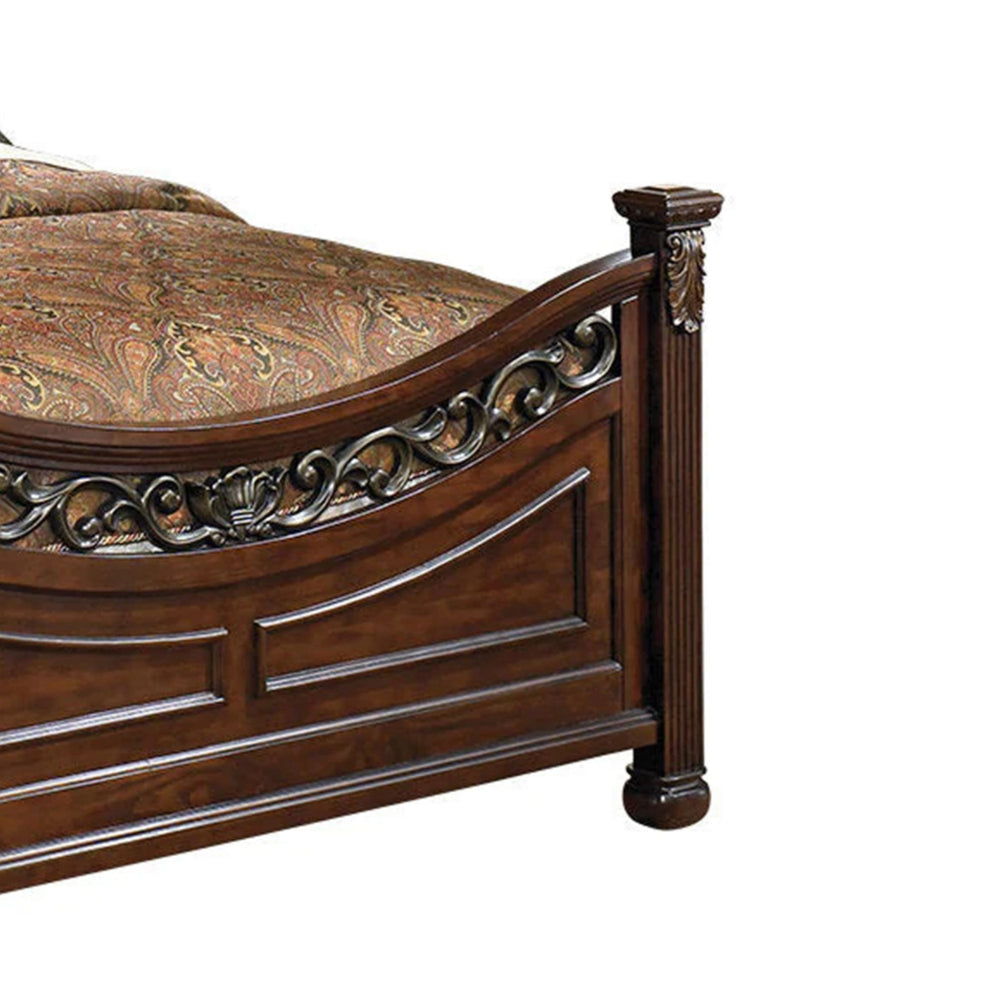 Aza Traditional Wood California King Bed Leaf Carvings Rich Cherry Brown By Casagear Home BM301366