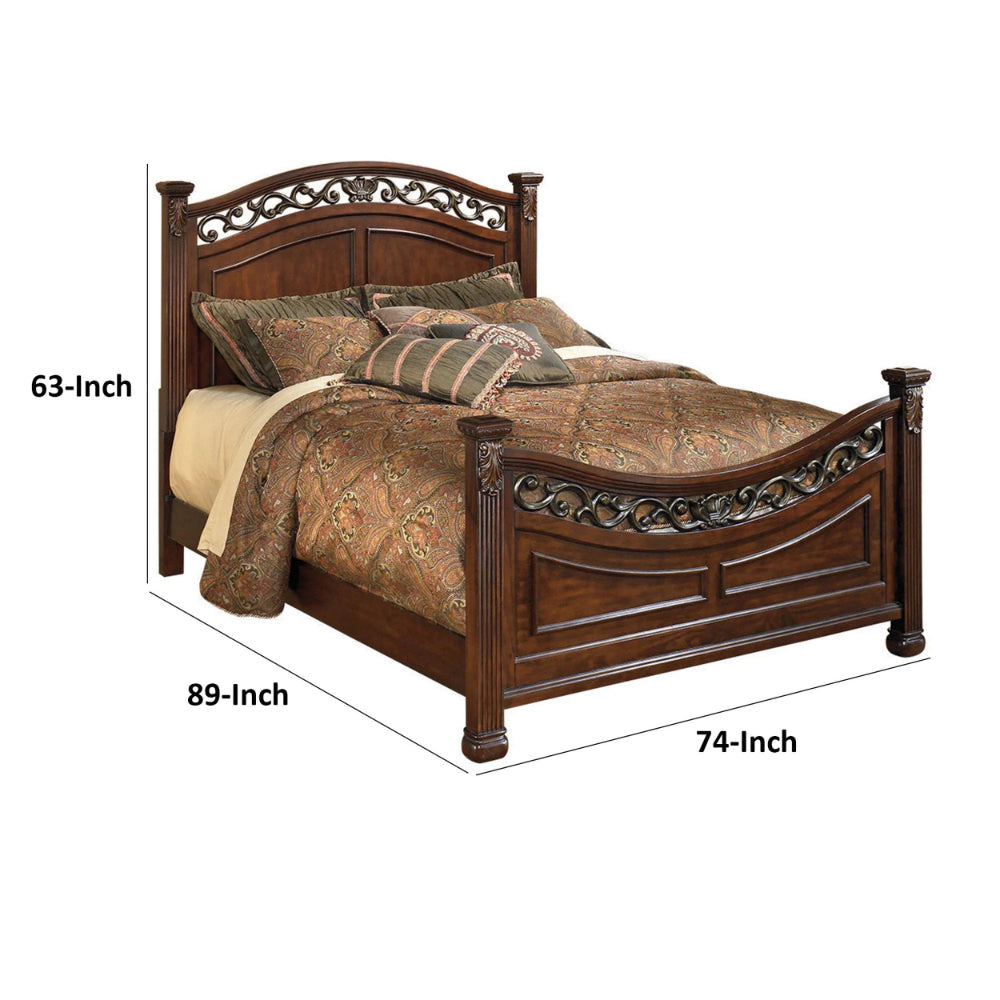 Aza Traditional Wood California King Bed Leaf Carvings Rich Cherry Brown By Casagear Home BM301366