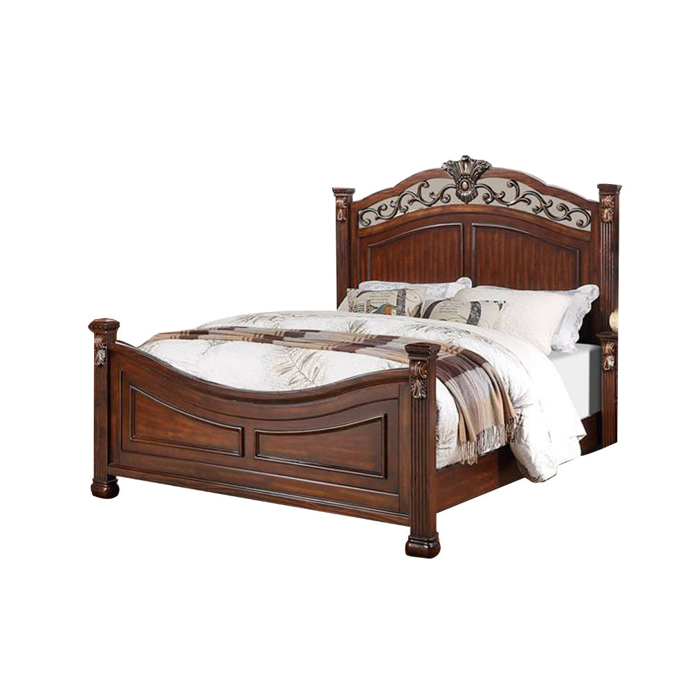 Aza Traditional Wood Queen Size Bed Leaf Carvings Rich Cherry Brown By Casagear Home BM301368