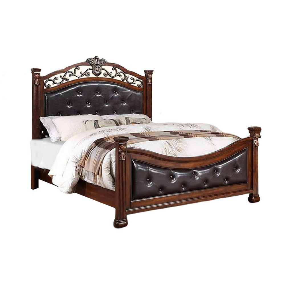 Jax Traditional King Size Bed, Tufted Upholstered Headboard, Cherry Brown