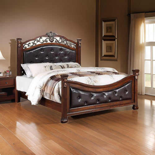 Jax Traditional King Size Bed, Tufted Upholstered Headboard, Cherry Brown