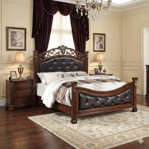 Jax Traditional Queen Size Bed, Tufted Upholstered Headboard, Cherry Brown By Casagear Home