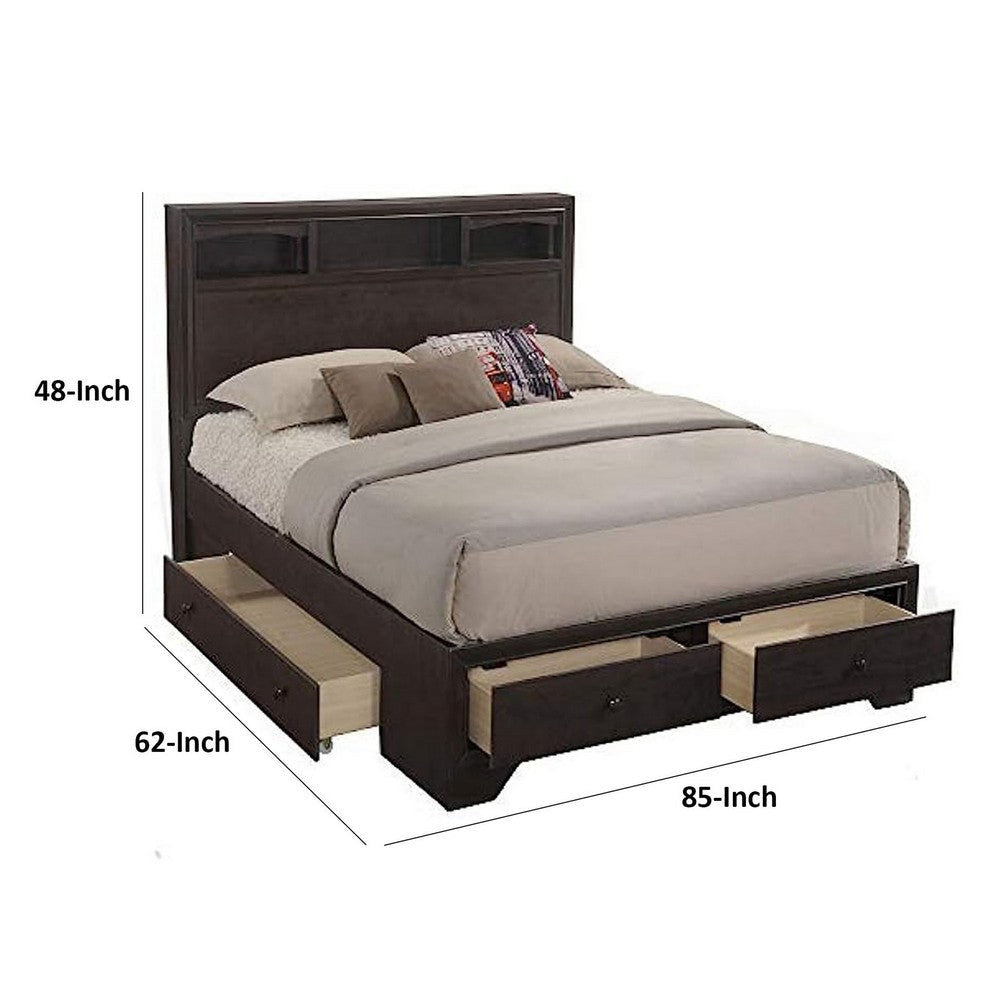 Queen Size Bed with 4 Storage Drawers Bookcase Headboard Walnut Brown By Casagear Home BM301375