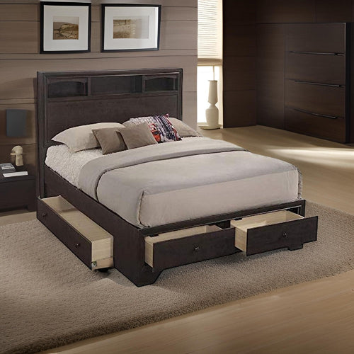 Queen Size Bed with 4 Storage Drawers, Bookcase Headboard, Walnut Brown By Casagear Home