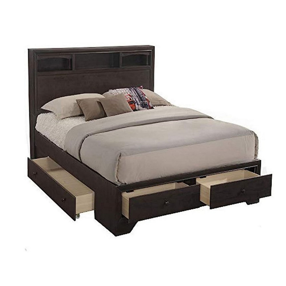 Queen Size Bed with 4 Storage Drawers, Bookcase Headboard, Walnut Brown By Casagear Home