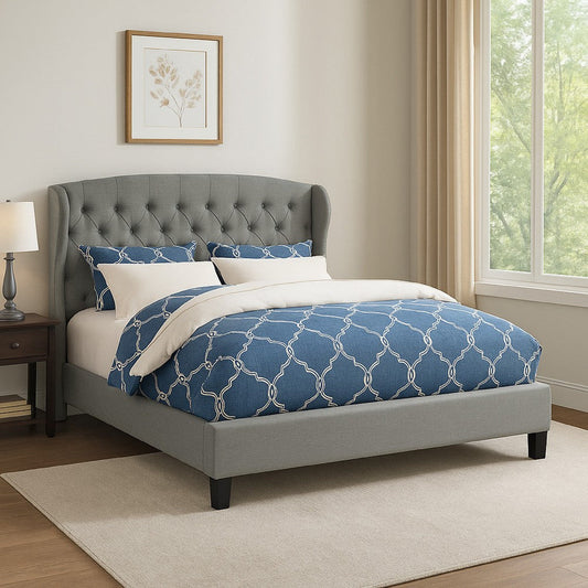 Jimi California King Bed, Upholstered Wingback Headboard, Gray Polyester