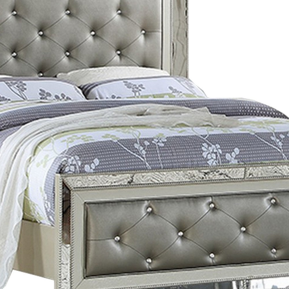 Reva California King Bed with Mirror Inlay Upholstered Gray Faux Leather BM301382