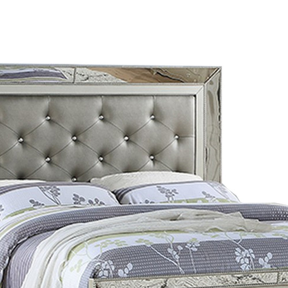 Reva California King Bed with Mirror Inlay Upholstered Gray Faux Leather BM301382
