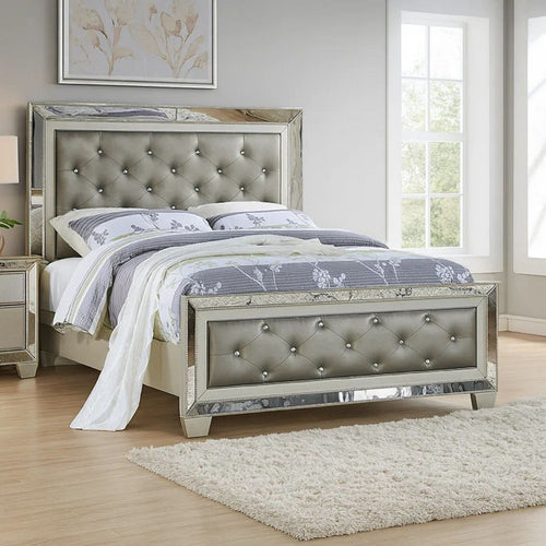 Reva California King Bed with Mirror Inlay, Upholstered Gray Faux Leather