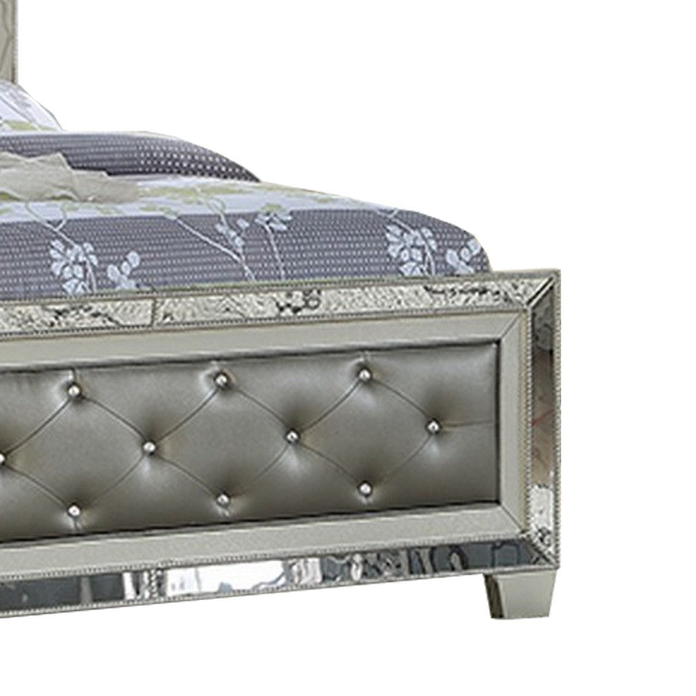 Reva King Bed Mirror Inlaid Button Tufted Gray Faux Leather Upholstery By Casagear Home