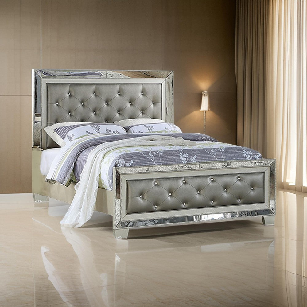 Reva King Bed, Mirror Inlaid, Button Tufted Gray Faux Leather Upholstery By Casagear Home