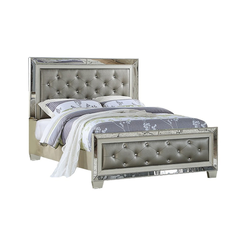 Reva King Bed Mirror Inlaid Button Tufted Gray Faux Leather Upholstery By Casagear Home