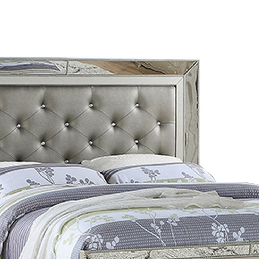 Reva Queen Bed Mirror Inlaid Button Tufted Gray Faux Leather Upholstery By Casagear Home BM301384