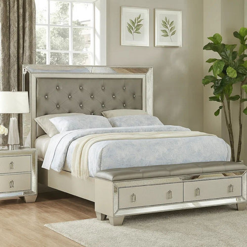 Reva California King Bed, Storage Bench, Upholstered Silver Faux Leather By Casagear Home