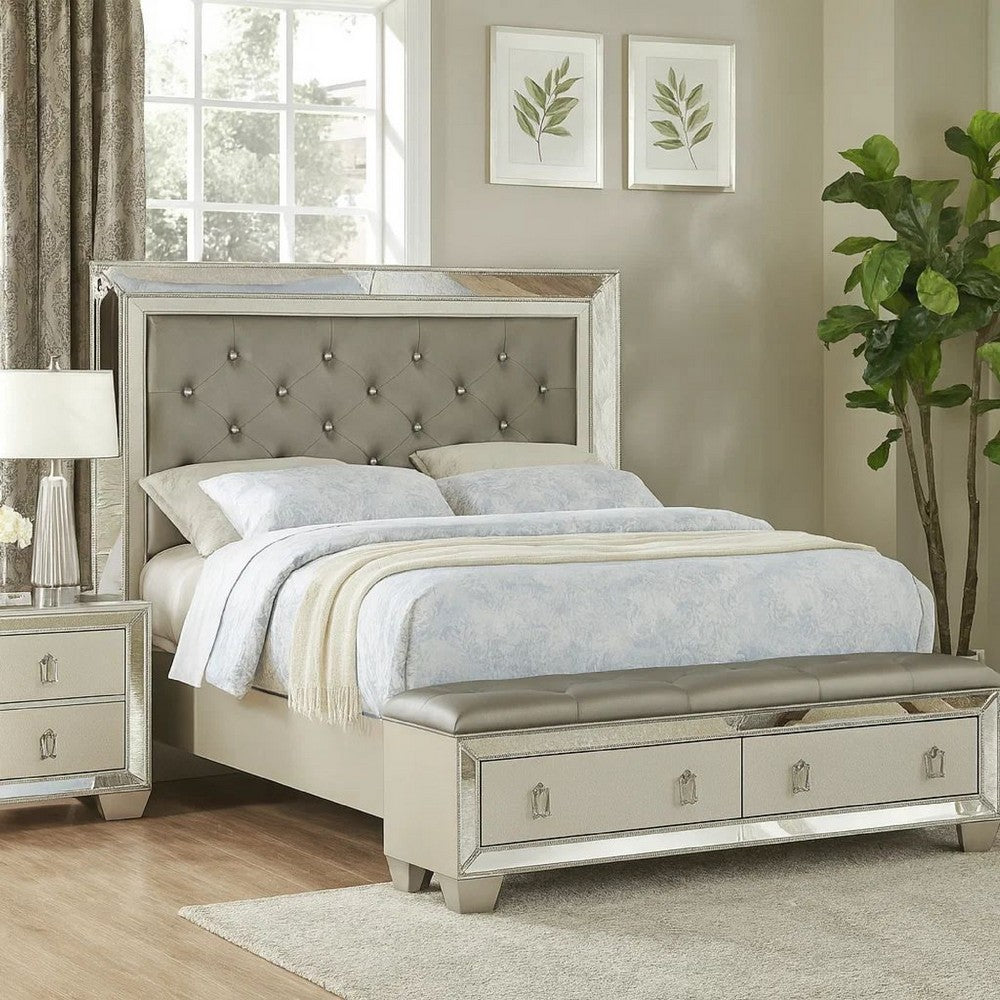 Reva California King Bed, Storage Bench, Upholstered Silver Faux Leather By Casagear Home