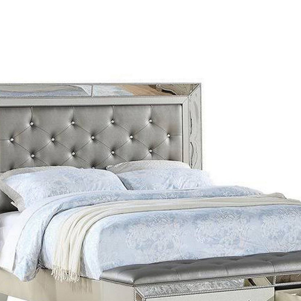 Reva King Bed Storage Footboard Silver Faux Leather Tufted Upholstery By Casagear Home BM301386