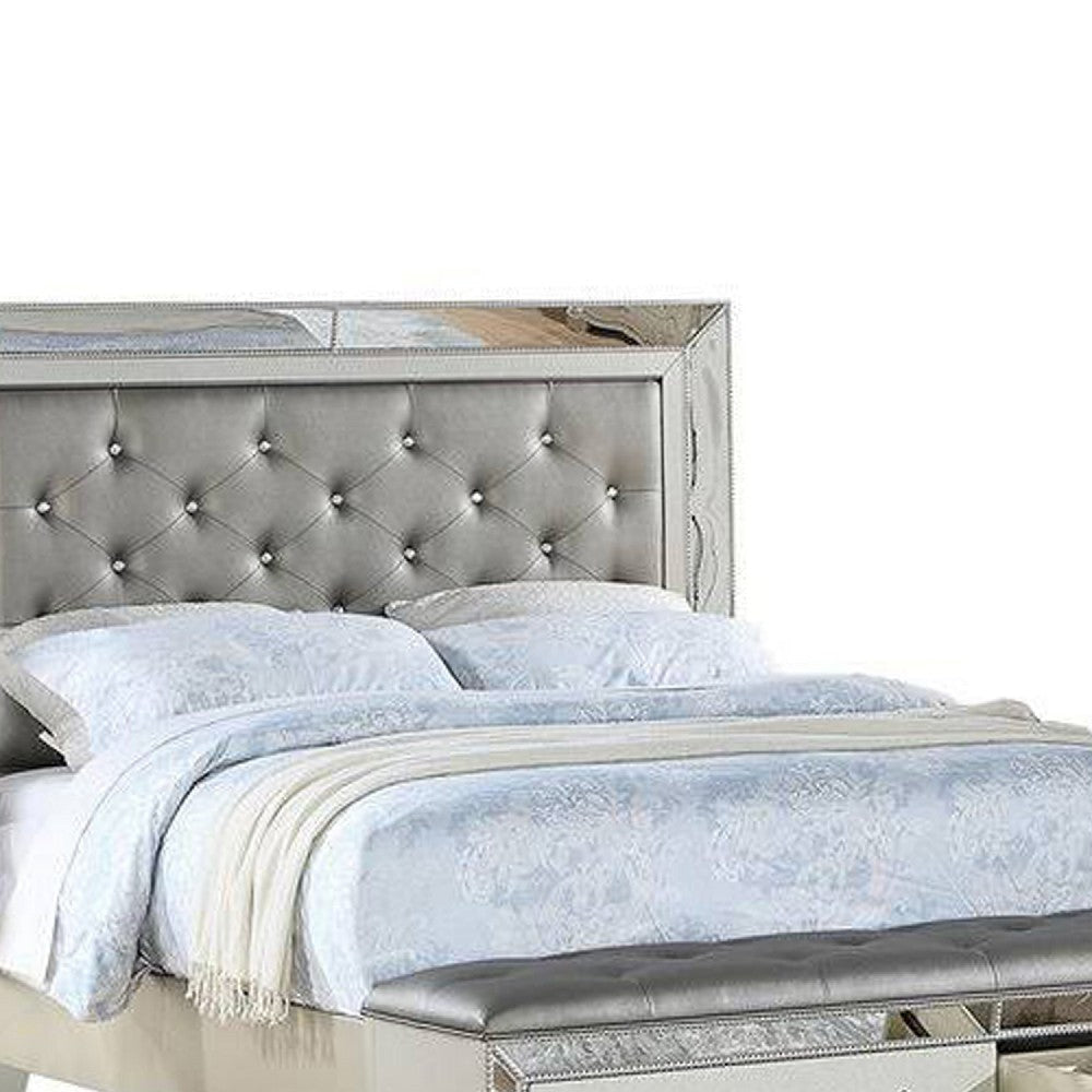 Reva King Bed Storage Footboard Silver Faux Leather Tufted Upholstery By Casagear Home BM301386