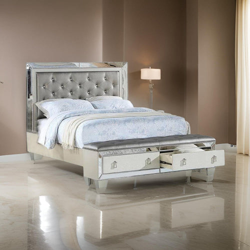 Reva King Bed, Storage Footboard, Silver Faux Leather Tufted Upholstery By Casagear Home