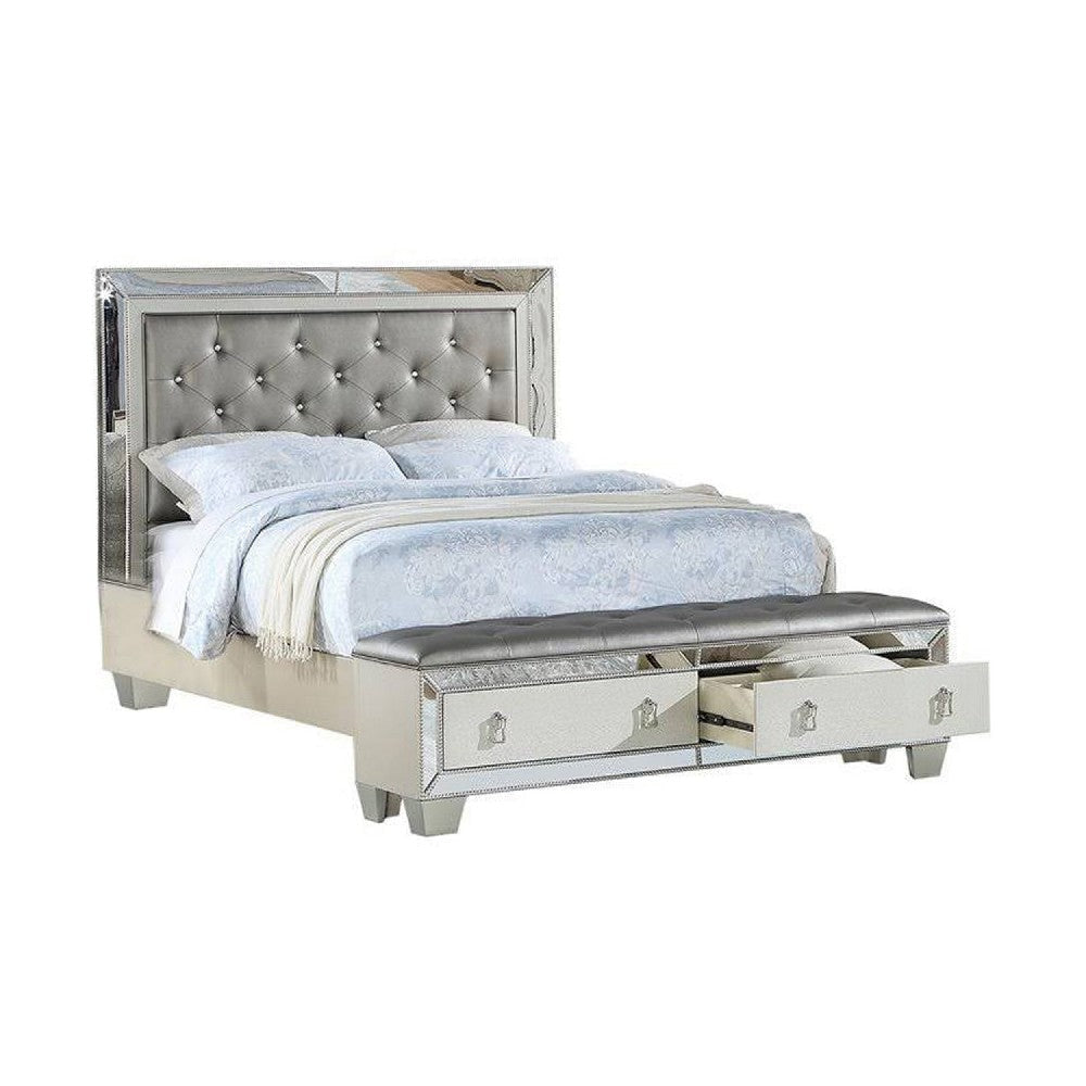 Reva King Bed Storage Footboard Silver Faux Leather Tufted Upholstery By Casagear Home BM301386