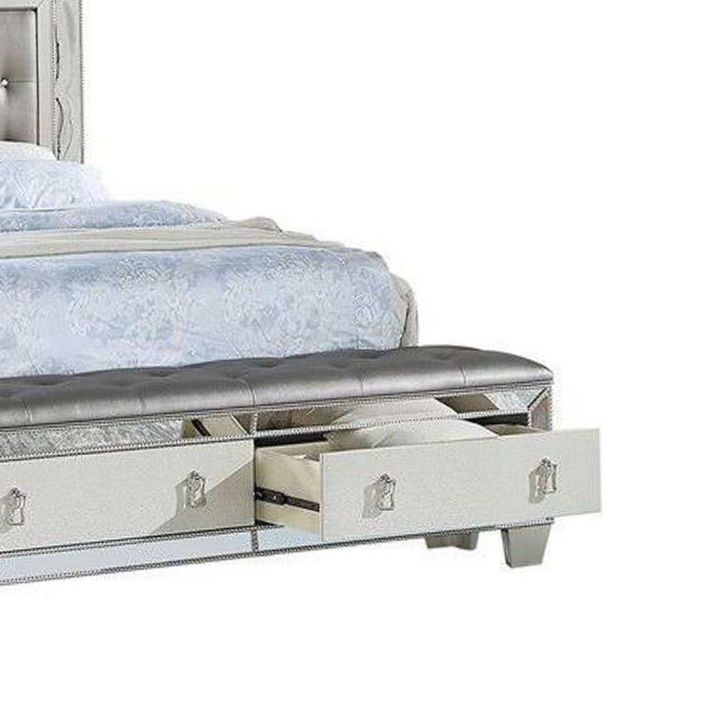 Reva Queen Bed Storage Footboard Silver Faux Leather Tufted Upholstery BM301387
