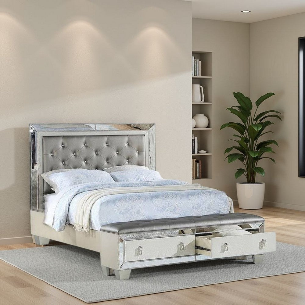 Reva Queen Bed, Storage Footboard, Silver Faux Leather Tufted Upholstery
