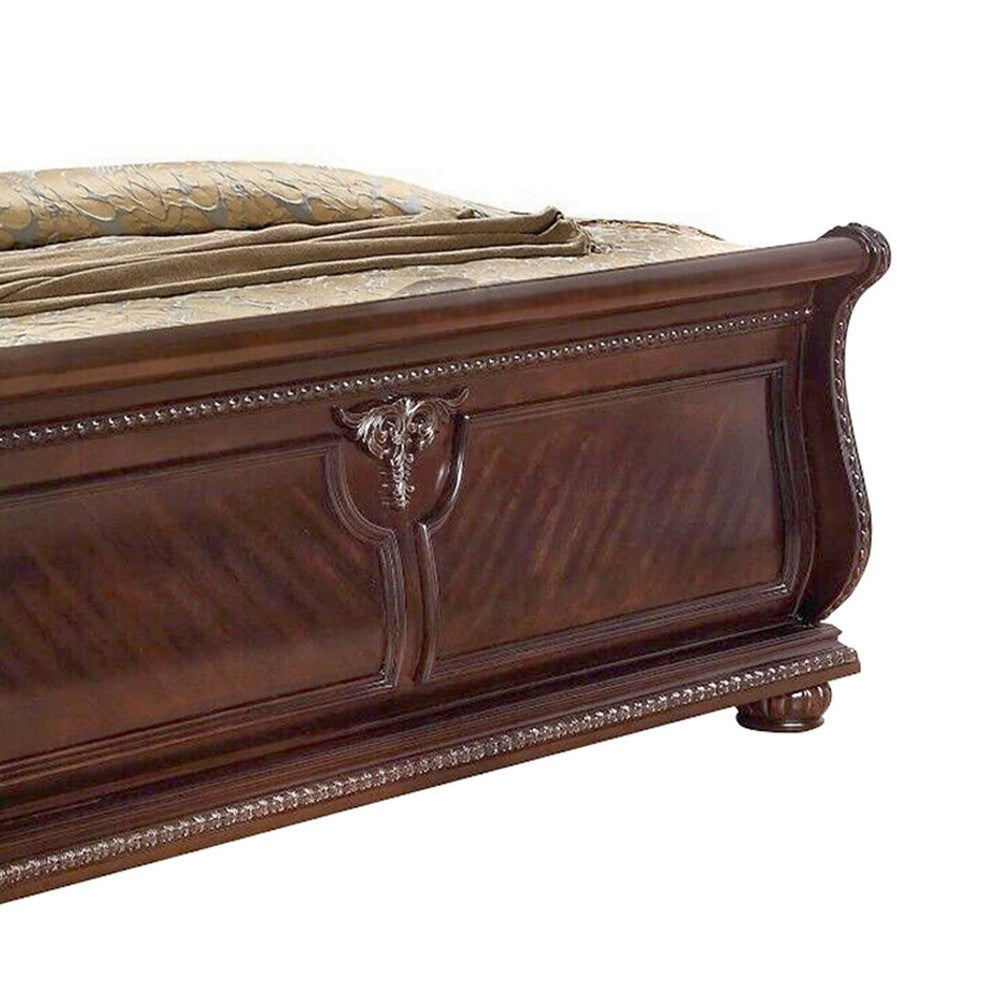 Mano California King Bed Faux Leather Upholstery Carved Walnut Brown Wood BM301388