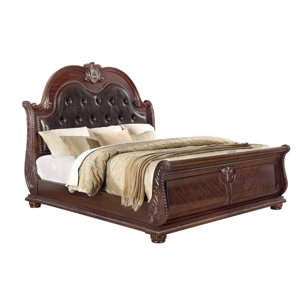 Mano California King Bed, Faux Leather Upholstery, Carved Walnut Brown Wood