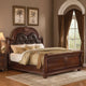 Mano King Bed, Faux Leather Upholstery, Classic Floral Carved, Brown Wood