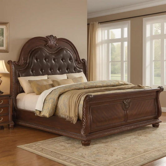 Mano King Bed, Faux Leather Upholstery, Classic Floral Carved, Brown Wood