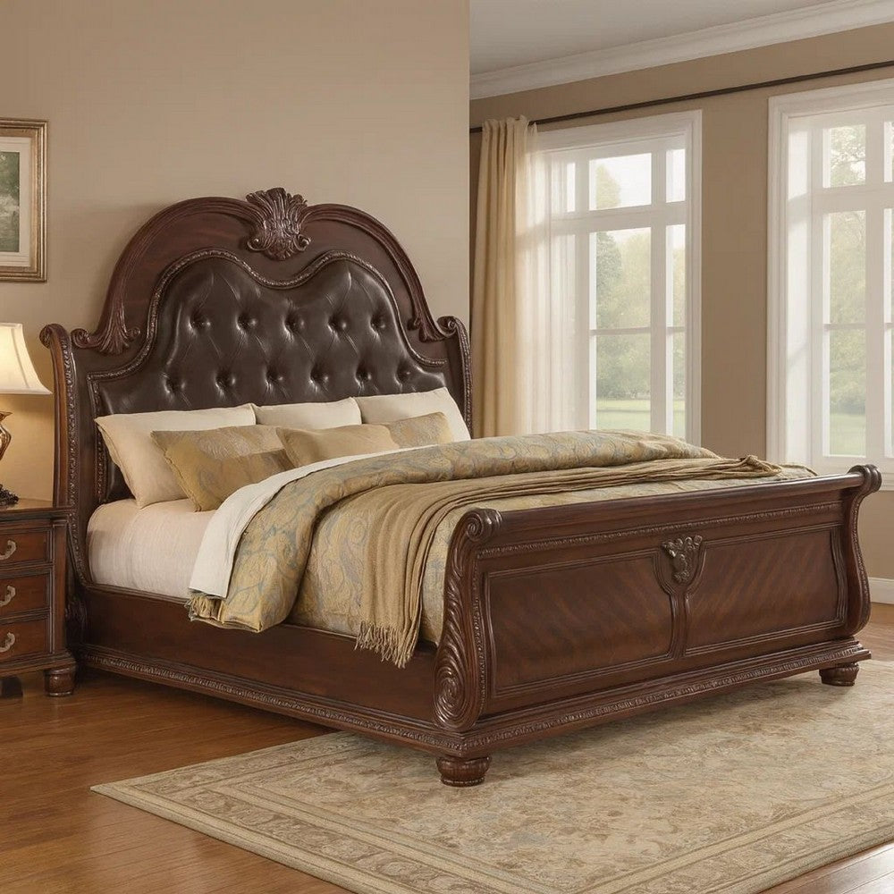 Mano King Bed, Faux Leather Upholstery, Classic Floral Carved, Brown Wood