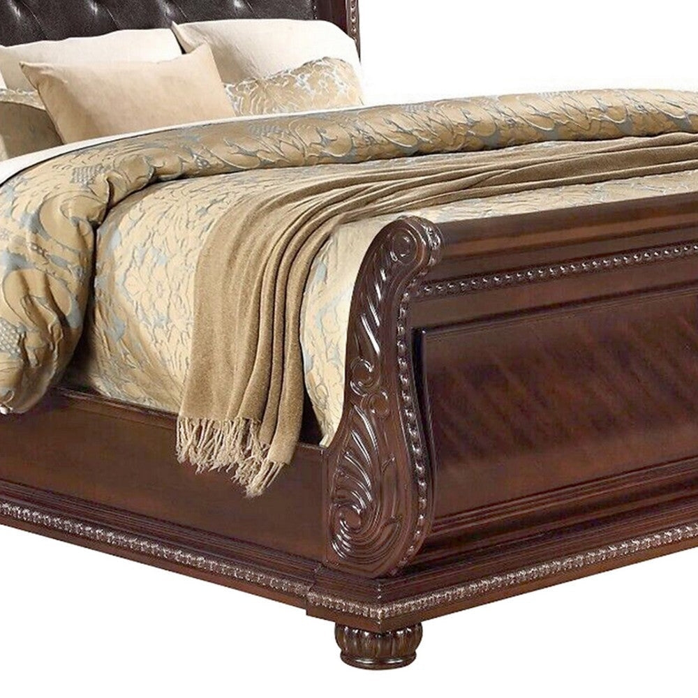 Mano Queen Bed Faux Leather Upholstery Classic Floral Carved Brown Wood By Casagear Home BM301390