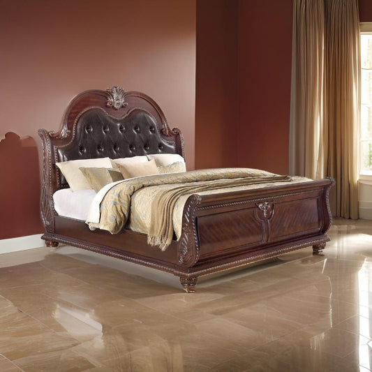 Mano Queen Bed, Faux Leather Upholstery, Classic Floral Carved, Brown Wood By Casagear Home