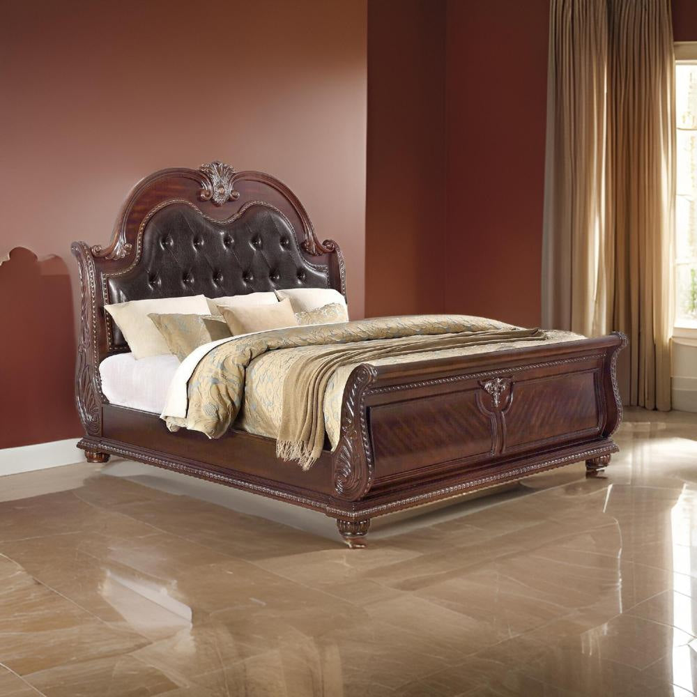 Mano Queen Bed, Faux Leather Upholstery, Classic Floral Carved, Brown Wood By Casagear Home