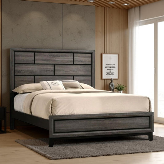 Mazie King Bed, Brick Style Headboard, Black Tapered Legs, Oak Gray Wood