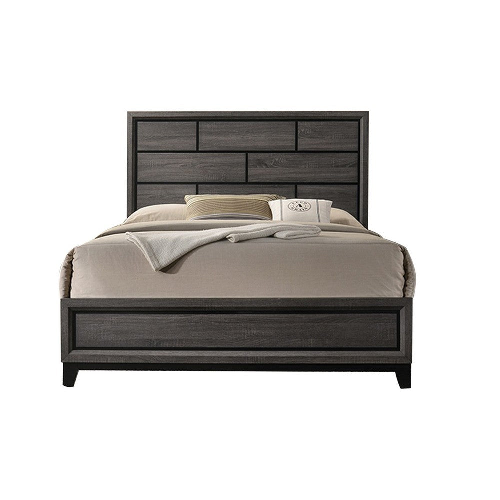 Mazie King Bed, Brick Style Headboard, Black Tapered Legs, Oak Gray Wood