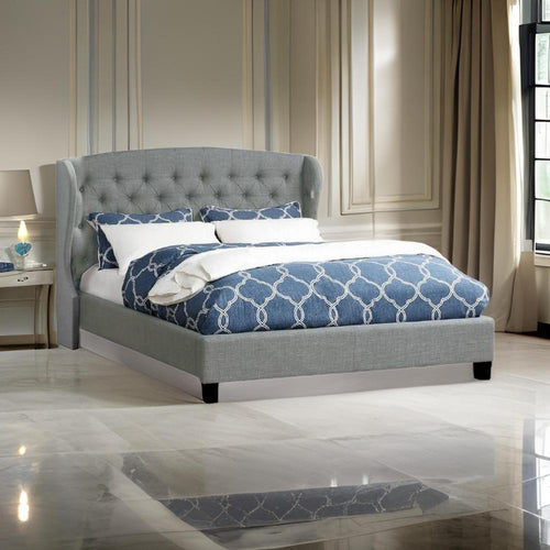 Jimi Queen Bed, Button Tufted Light Gray Polyester Upholstered Headboard By Casagear Home