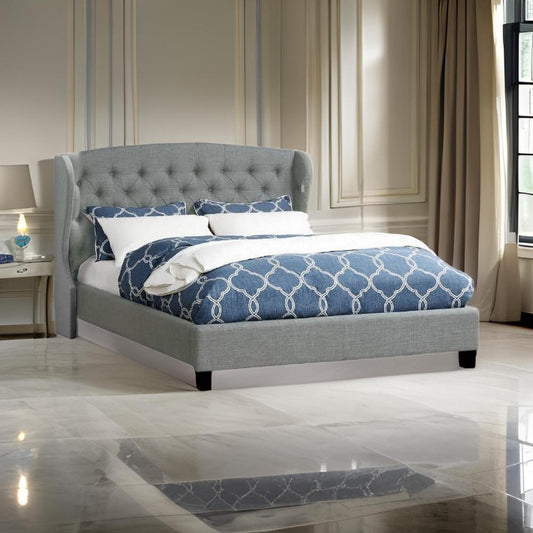 Jimi Queen Bed, Button Tufted Light Gray Polyester Upholstered Headboard By Casagear Home