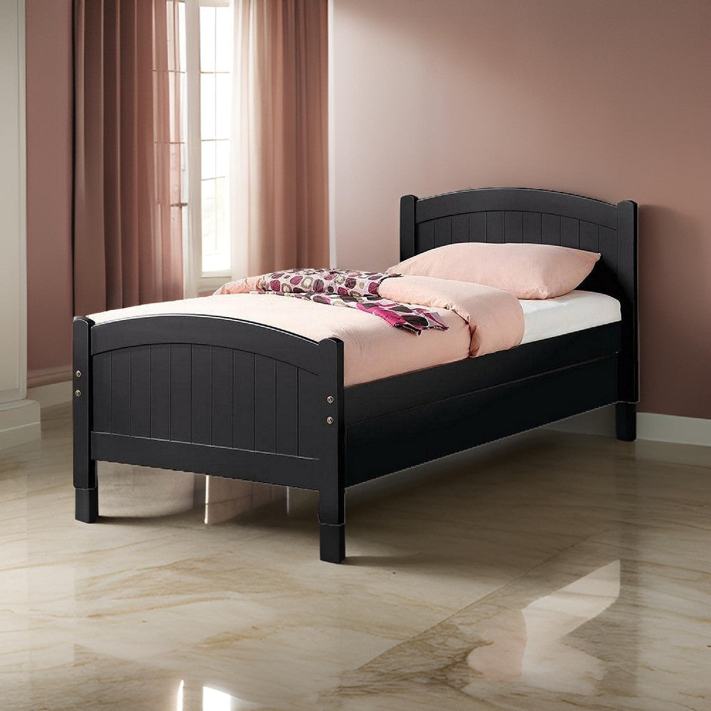 Shov Twin Size Trundle Bed, Arched Headboard, Vertical Accents, Black Wood By Casagear Home